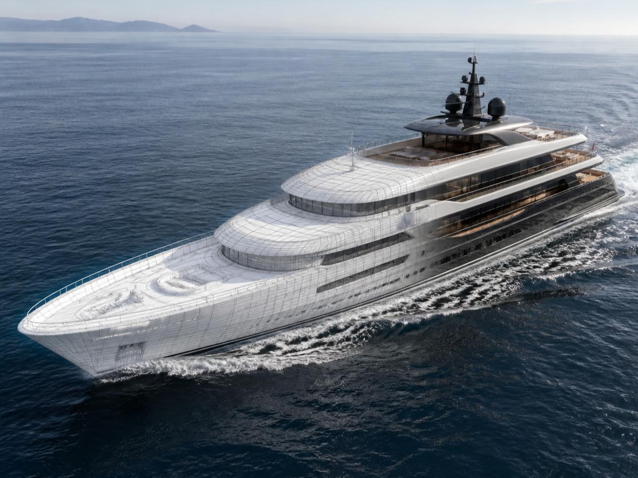 A rendering depicts a superyacht cruising that is half real and half 3D model