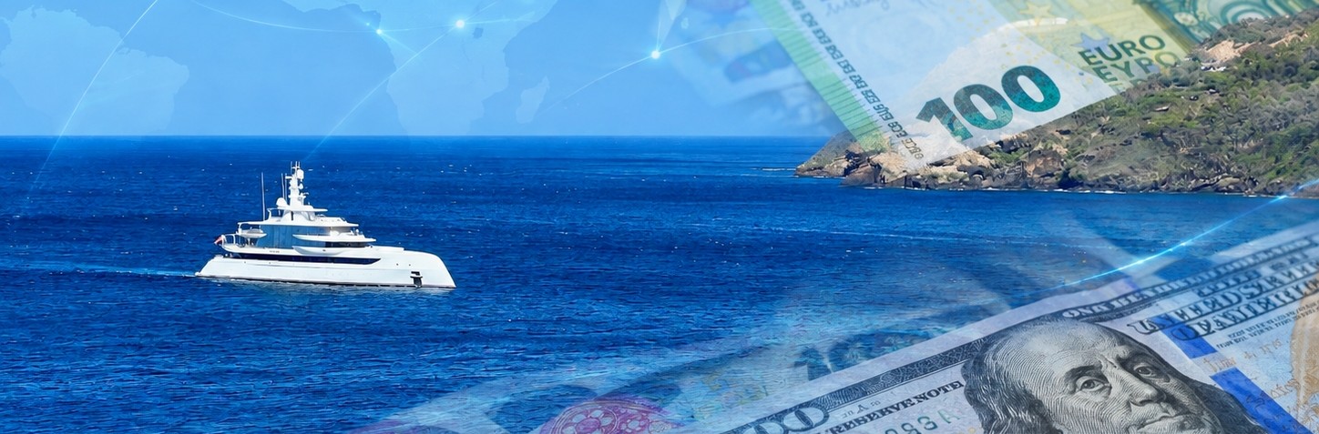 A superyacht cruises into a bay with a superimposed image of money in different currencies