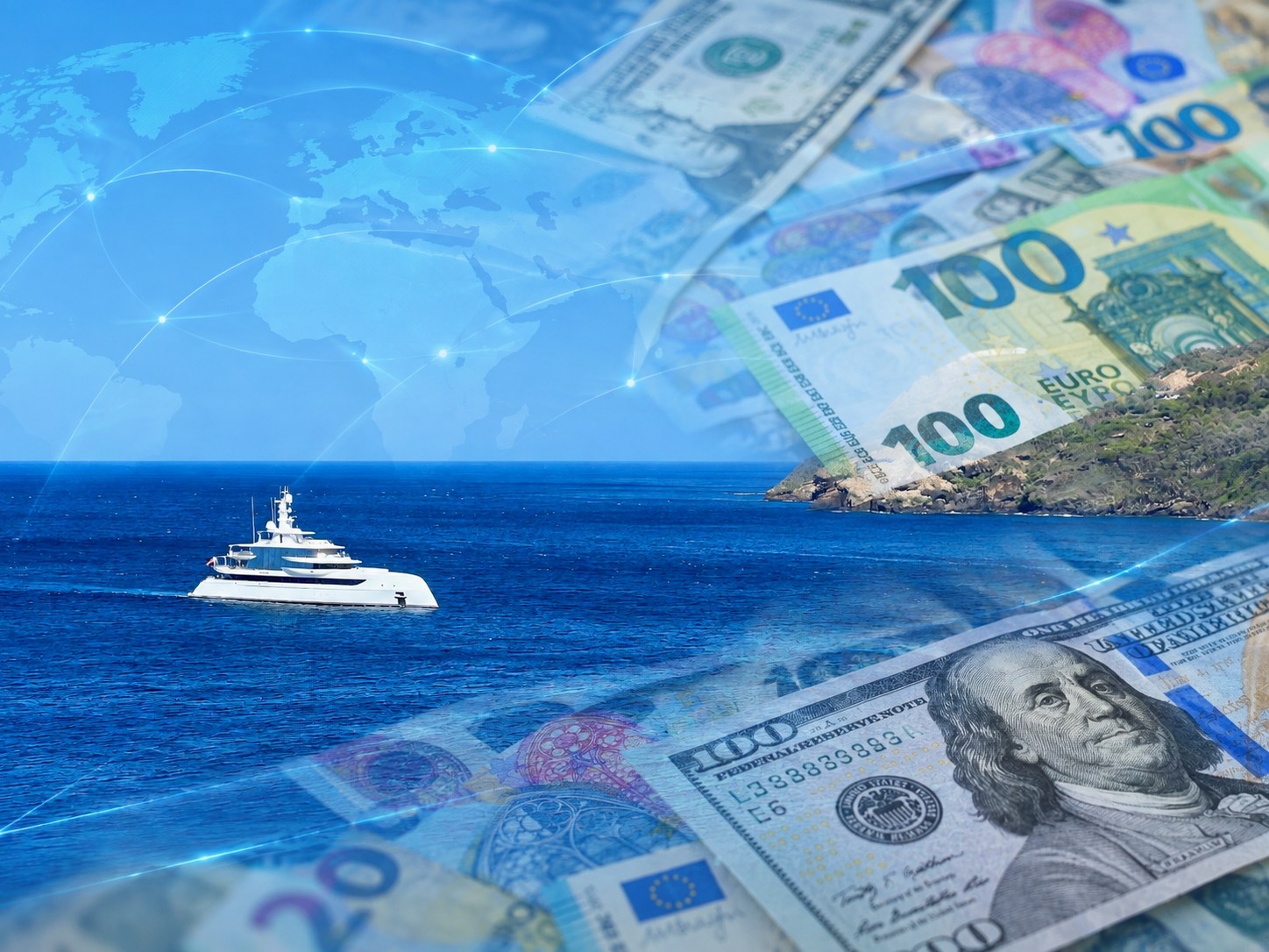 A superyacht cruises into a bay with a superimposed image of money in different currencies