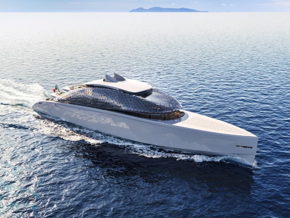 A rendering of the side of a superyacht showing a giant glass dome on deck