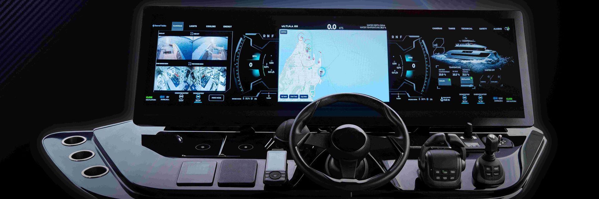 A futuristic rendering of a Sunreef yacht bridge station using WETRA