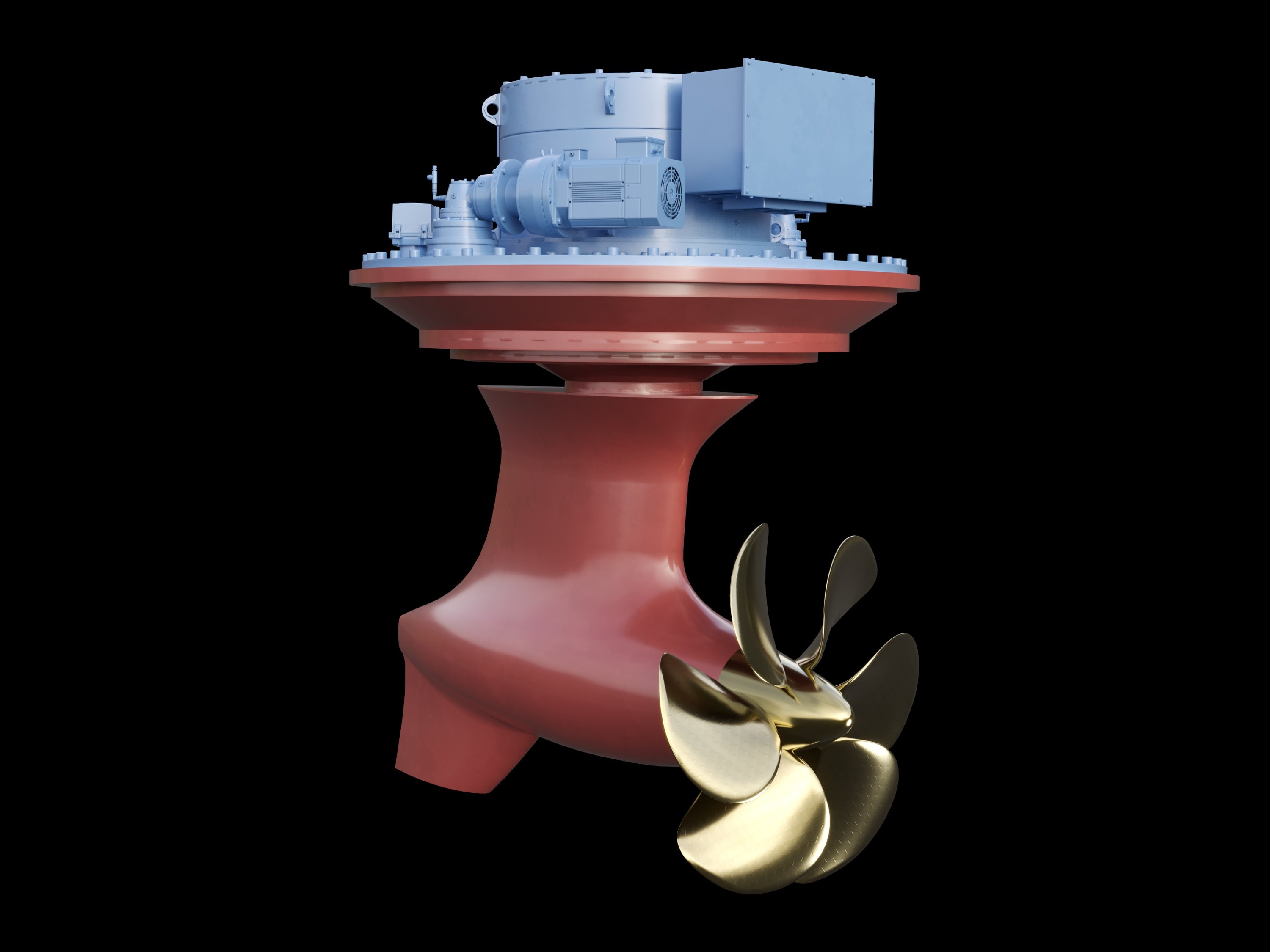A rendering of an azimuth pulling thruster on a black background