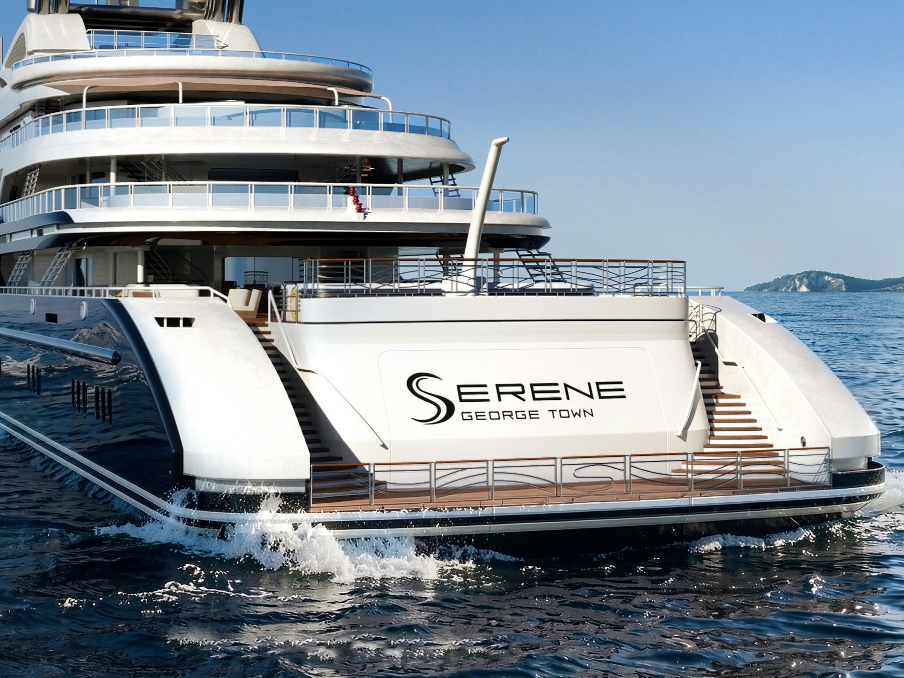 The aft view of a superyacht which appears to be starting its engines