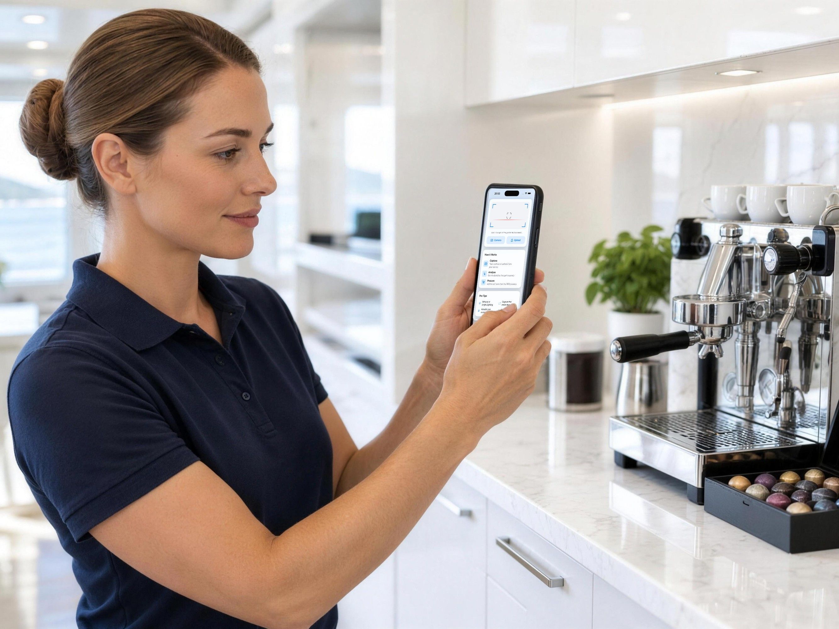 A female superyacht crew member scans an item using the Procursea app