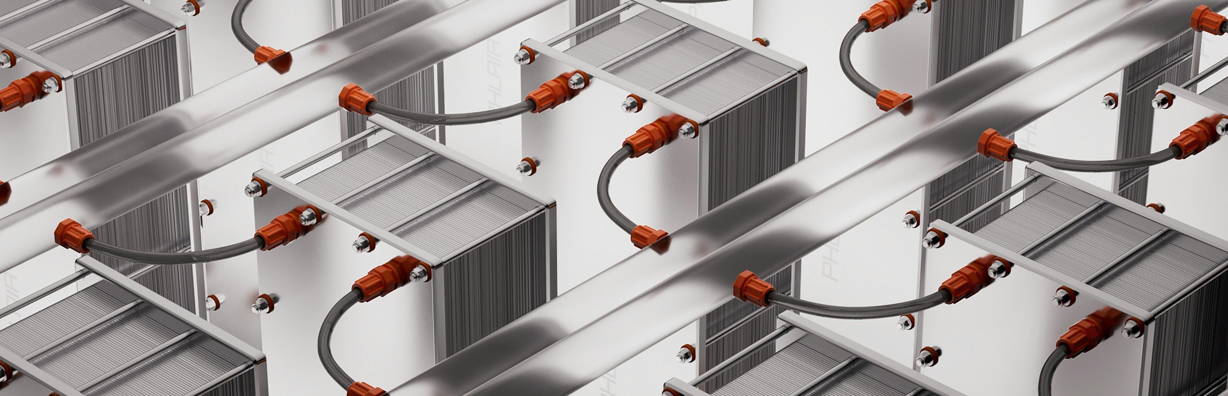 An image of futuristic battery banks connected together