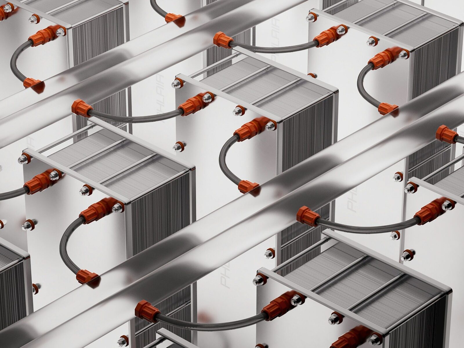 An image of futuristic battery banks connected together