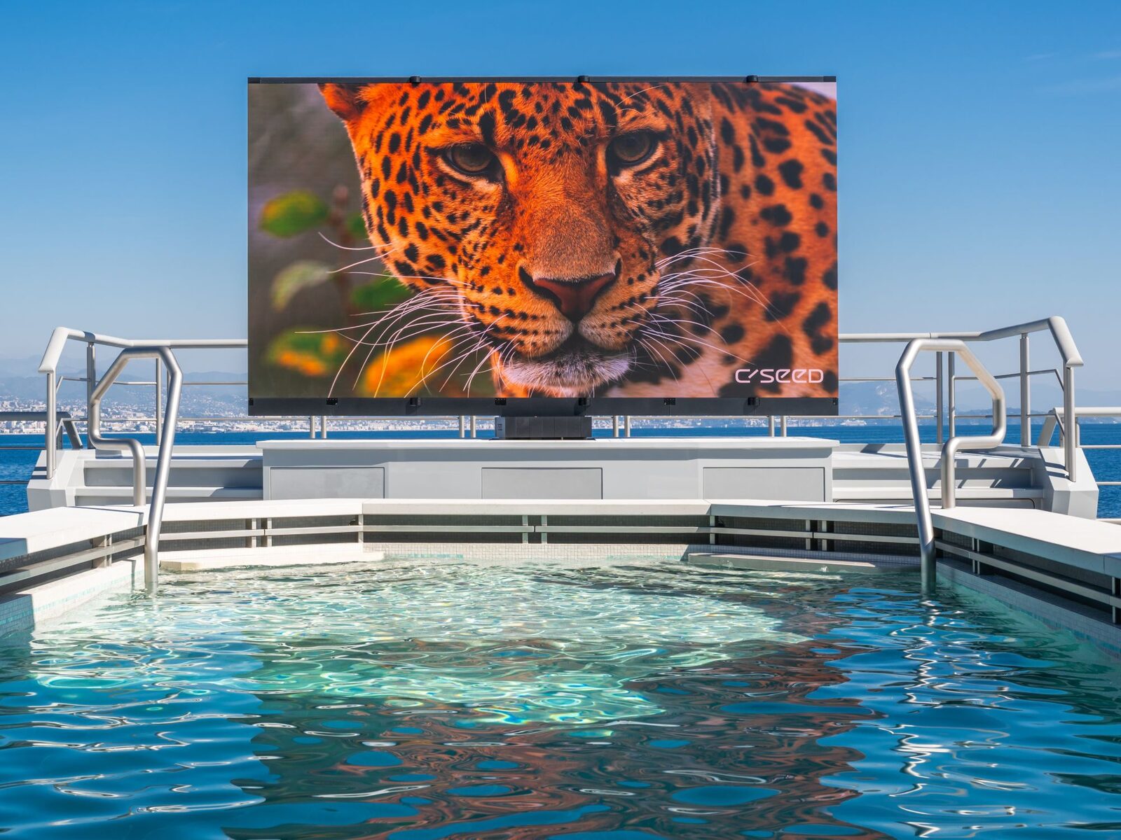 A large brilliant TV shows a leopard's face while standing on the aft deck of a superyacht on a sunny day